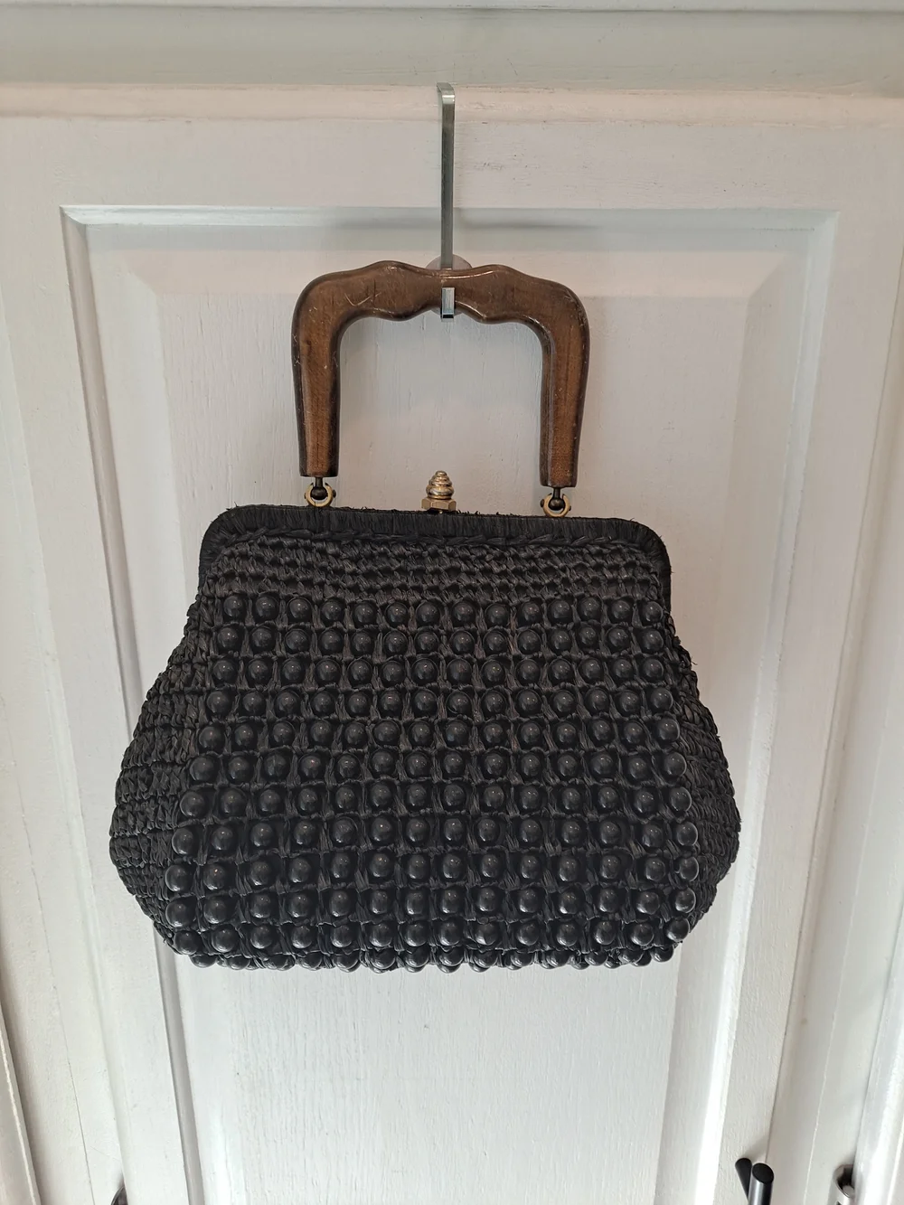 Bags By Dominic Italian Rare 50s Vintage Black Woven Beaded Wood Top-Handle